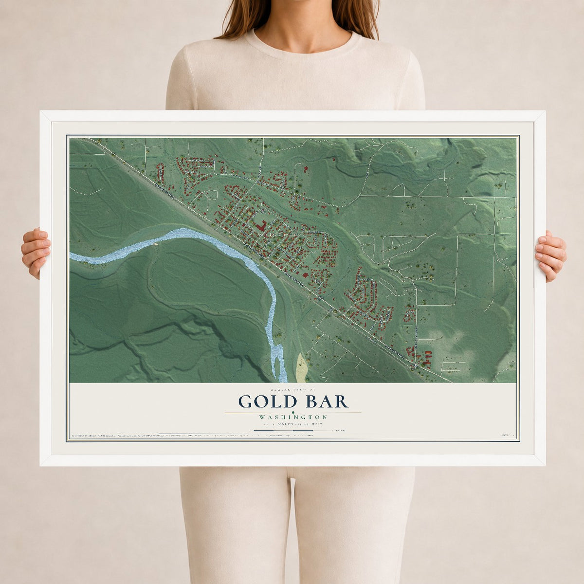 Map of Gold Bar, Washington, 24 x 36 inch print in a white wood frame