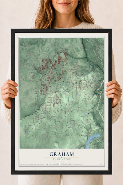 Map of Graham, Washington, 18 x 24 inch print in a black wood frame