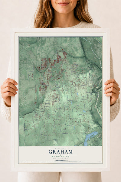 Map of Graham, Washington, 18 x 24 inch print in a white wood frame