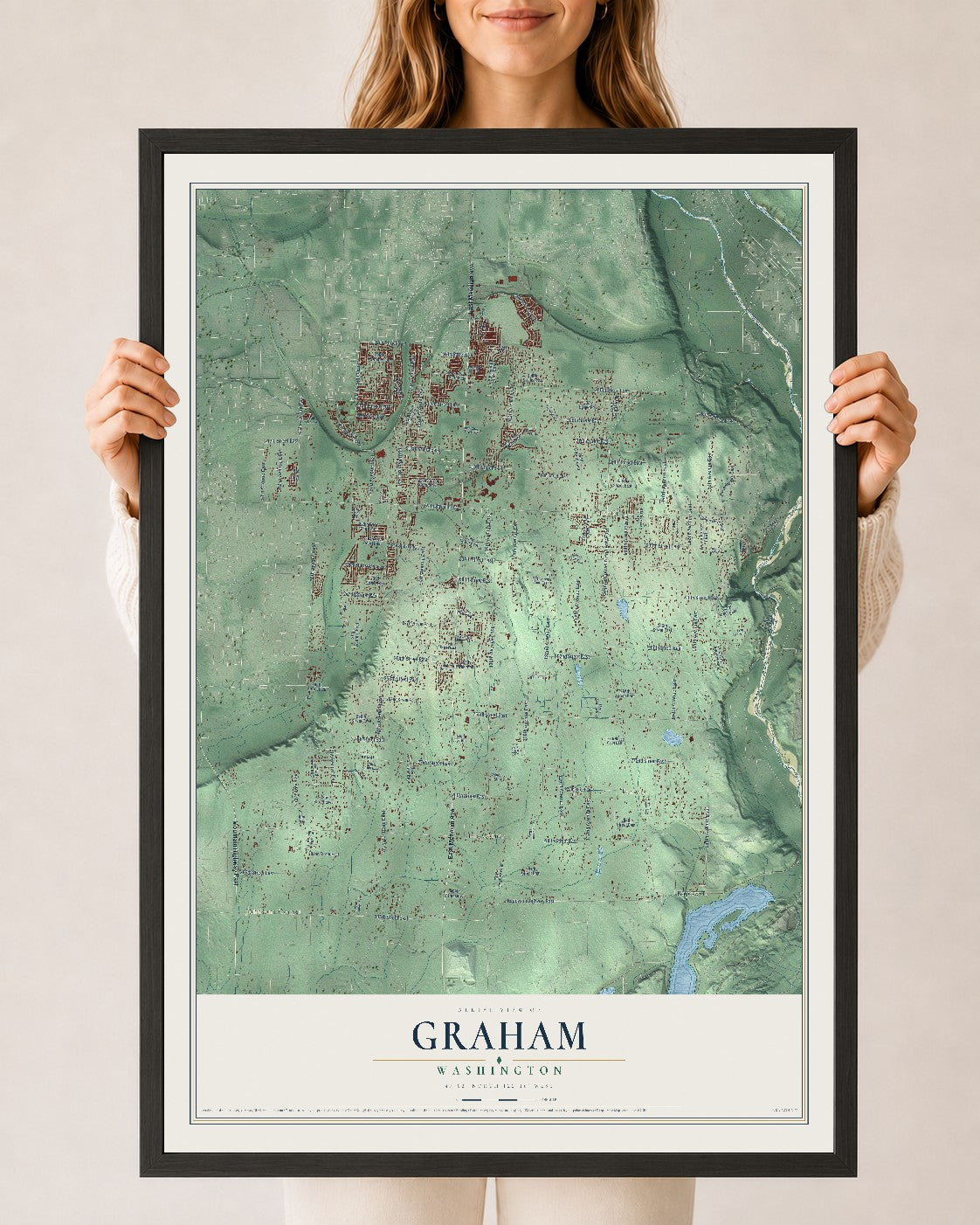 Map of Graham, Washington, 24 x 36 inch print in a black wood frame
