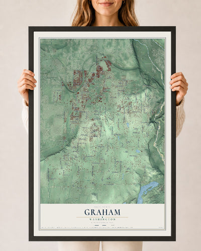 Map of Graham, Washington, 24 x 36 inch print in a black wood frame