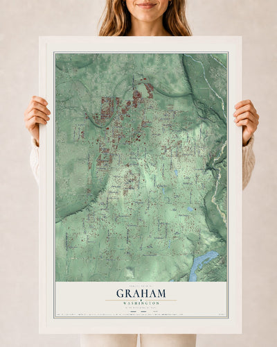 Map of Graham, Washington, 24 x 36 inch print in a white wood frame