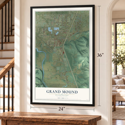 Grand Mound, Washington map, 24 x 36 inch print in a black frame by a staircase