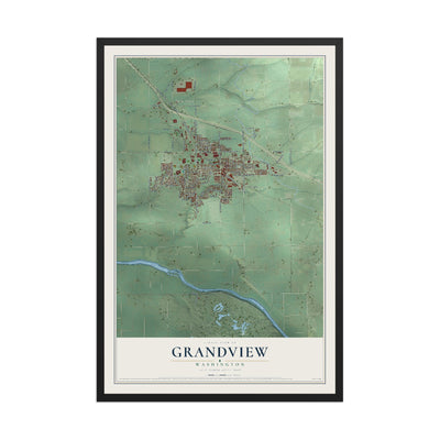 Map of Grandview, Washington, 12 x 18 inch print in a black wood frame