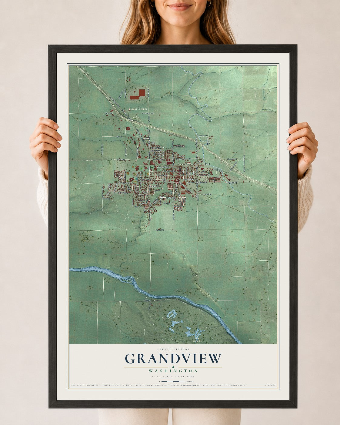 Map of Grandview, Washington, 24 x 36 inch print in a black wood frame