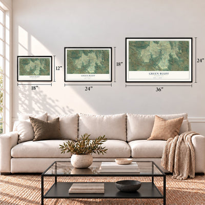 Green Bluff, Washington map in 12 x 18, 18 x 24 and 24 x 36 inch sizes above a sofa