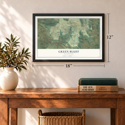 Green Bluff, Washington map, 12 x 18 inch print in a black frame in an entryway
