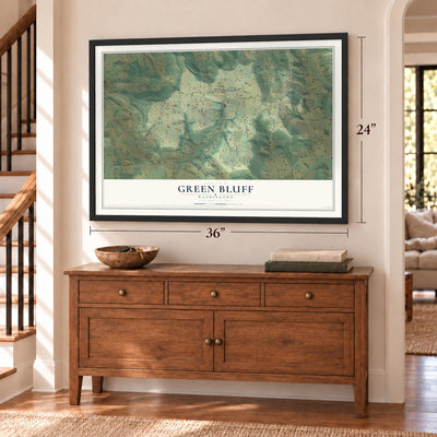 Green Bluff, Washington map, 24 x 36 inch print in a black frame above a dresser by a staircase