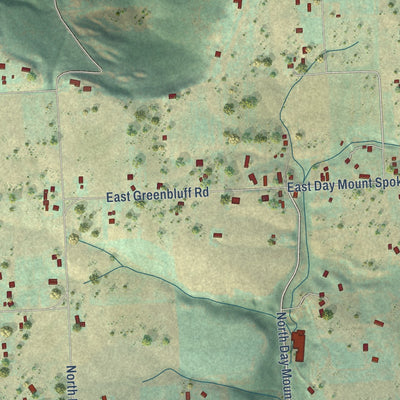 Close-up of the map of Green Bluff, Washington print showing street and building detail