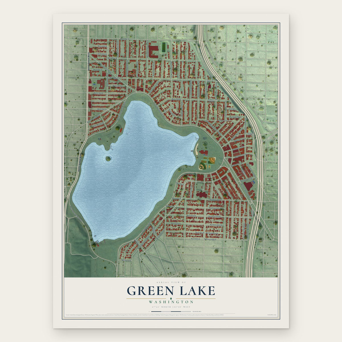 Green Lake, Washington map print, the full design