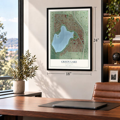 Green Lake, Washington map, 18 x 24 inch print in a black frame in a home office