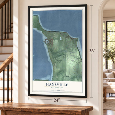 Hansville, Washington map, 24 x 36 inch print in a black frame by a staircase