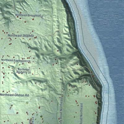 Close-up of the map of Hansville, Washington print showing street and building detail