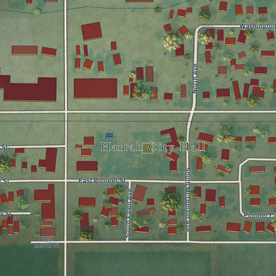 Close-up of the map of Harrah, Washington print showing street and building detail