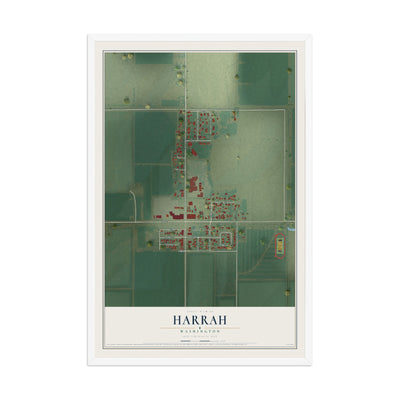 Map of Harrah, Washington, 12 x 18 inch print in a white wood frame