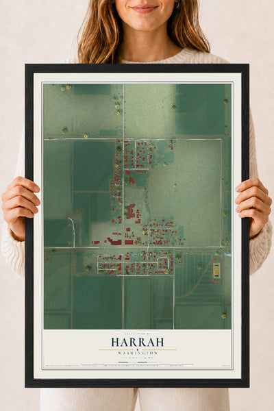 Map of Harrah, Washington, 18 x 24 inch print in a black wood frame