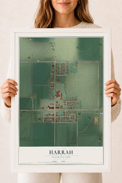 Map of Harrah, Washington, 18 x 24 inch print in a white wood frame