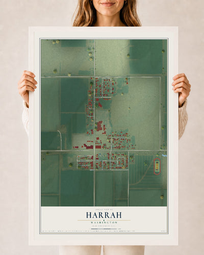 Map of Harrah, Washington, 24 x 36 inch print in a white wood frame