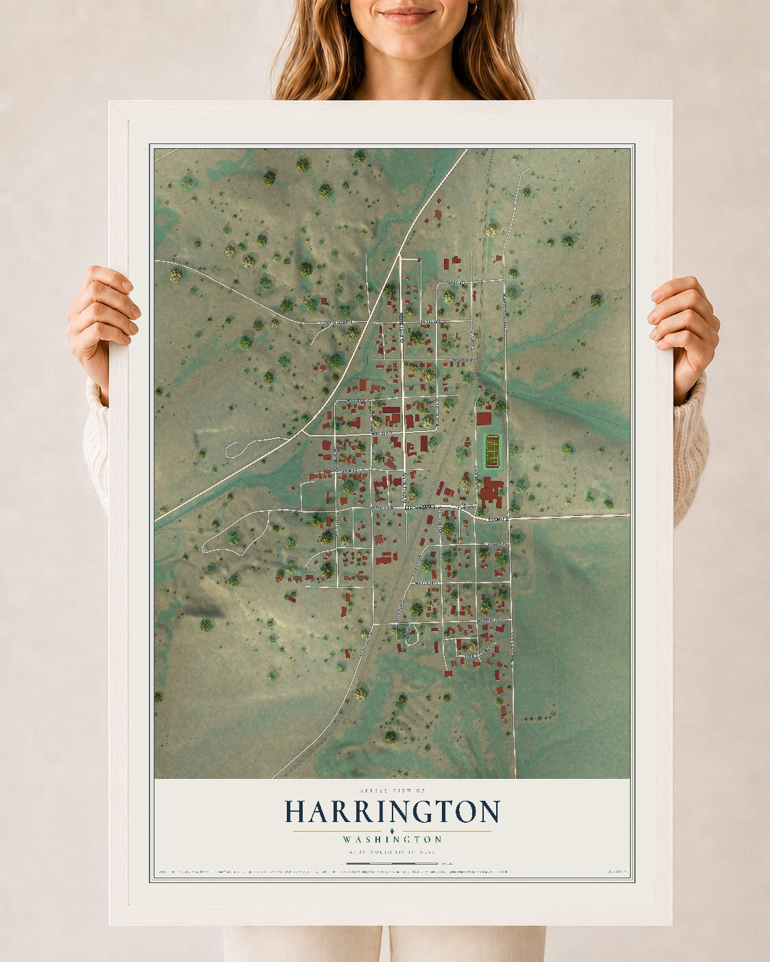 Map of Harrington, Washington, 24 x 36 inch print in a white wood frame