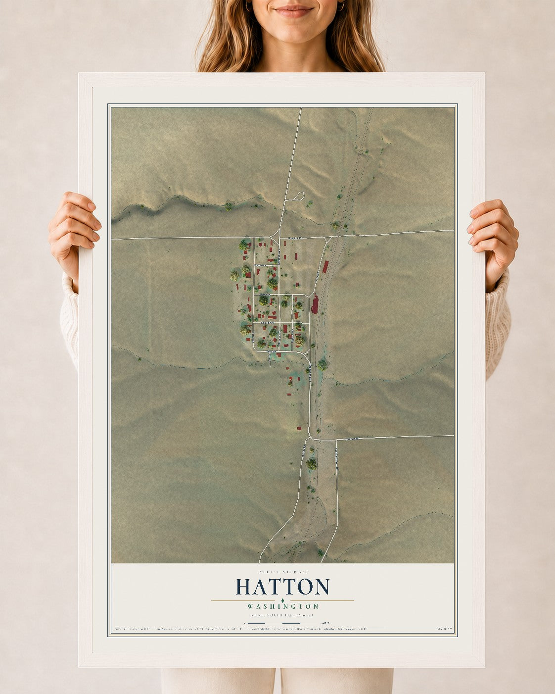 Map of Hatton, Washington, 24 x 36 inch print in a white wood frame