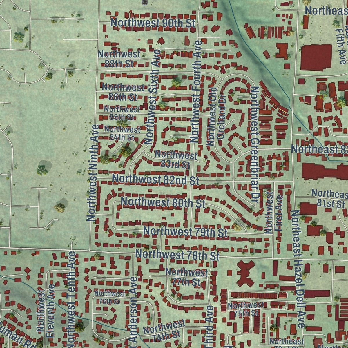 Close-up of the map of Hazel Dell, Washington print showing street and building detail