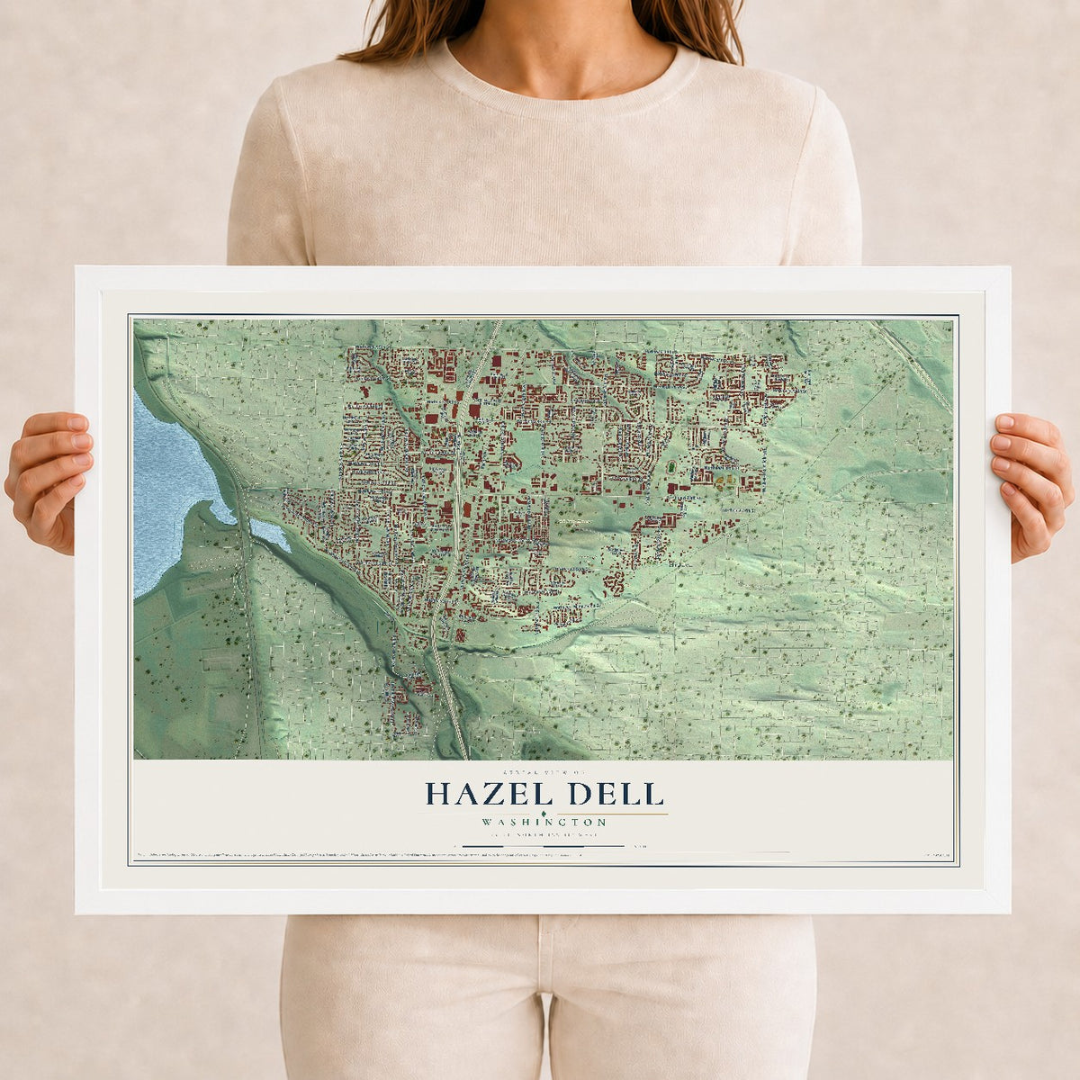 Map of Hazel Dell, Washington, 12 x 18 inch print in a white wood frame