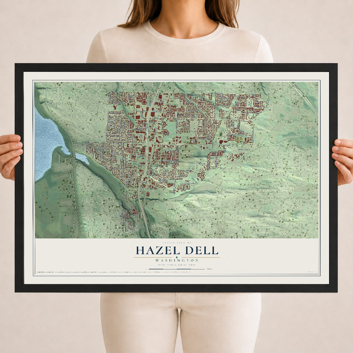 Map of Hazel Dell, Washington, 18 x 24 inch print in a black wood frame
