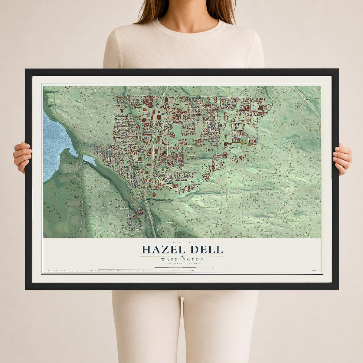 Map of Hazel Dell, Washington, 24 x 36 inch print in a black wood frame