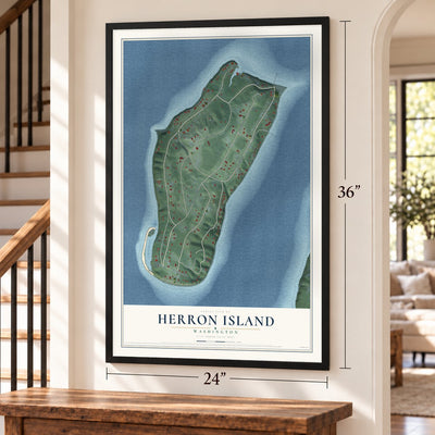Herron Island, Washington map, 24 x 36 inch print in a black frame by a staircase
