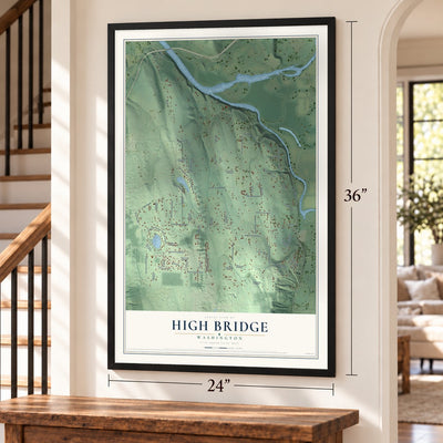 High Bridge, Washington map, 24 x 36 inch print in a black frame by a staircase