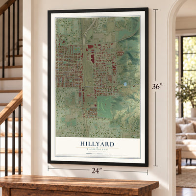 Hillyard, Washington map, 24 x 36 inch print in a black frame by a staircase