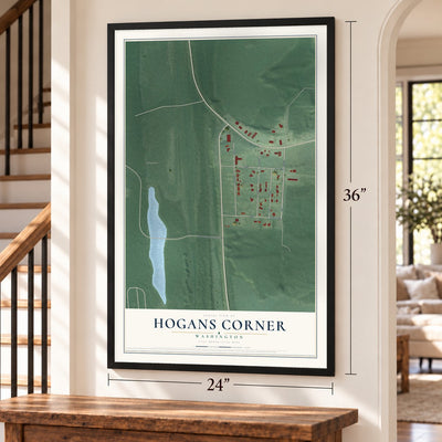 Hogans Corner, Washington map, 24 x 36 inch print in a black frame by a staircase