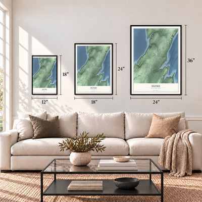 Home, Washington map in 12 x 18, 18 x 24 and 24 x 36 inch sizes above a sofa