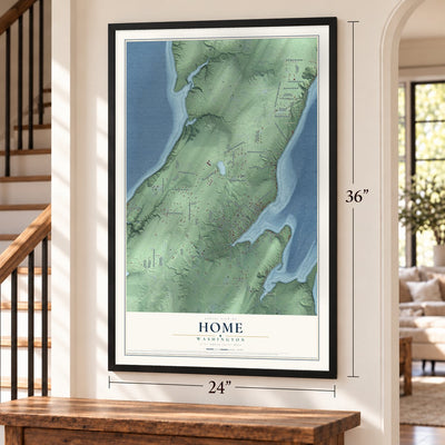 Home, Washington map, 24 x 36 inch print in a black frame by a staircase