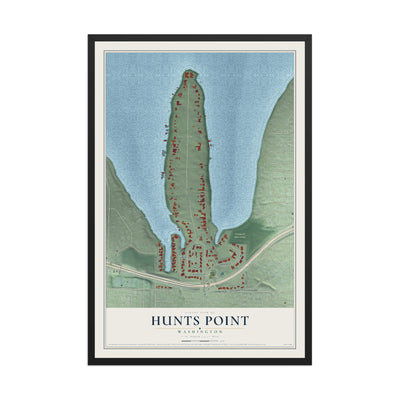 Map of Hunts Point, Washington, 12 x 18 inch print in a black wood frame
