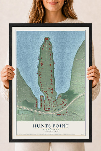 Map of Hunts Point, Washington, 18 x 24 inch print in a black wood frame
