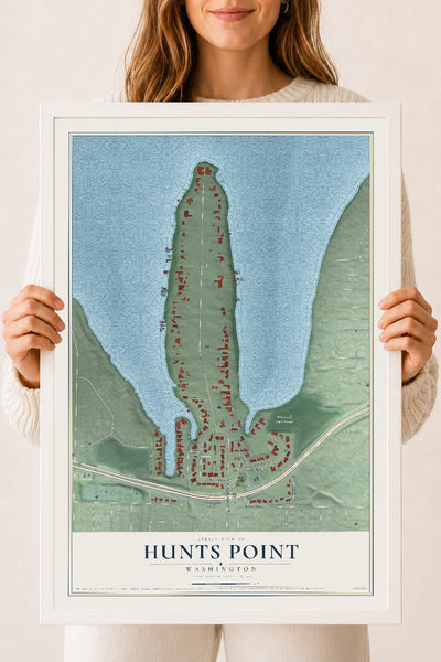 Map of Hunts Point, Washington, 18 x 24 inch print in a white wood frame