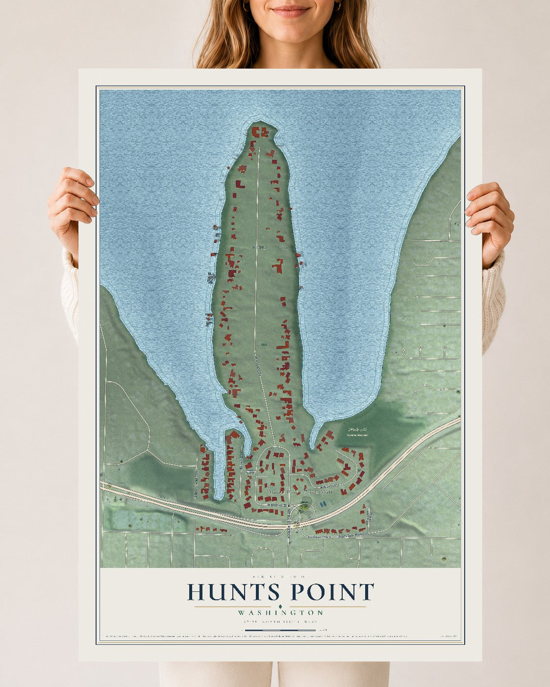 Map of Hunts Point, Washington, 24 x 36 inch unframed archival matte print