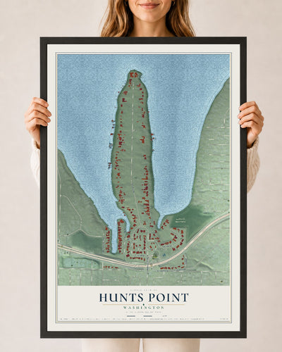 Map of Hunts Point, Washington, 24 x 36 inch print in a black wood frame