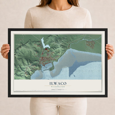 Map of Ilwaco, Washington, 12 x 18 inch print in a black wood frame