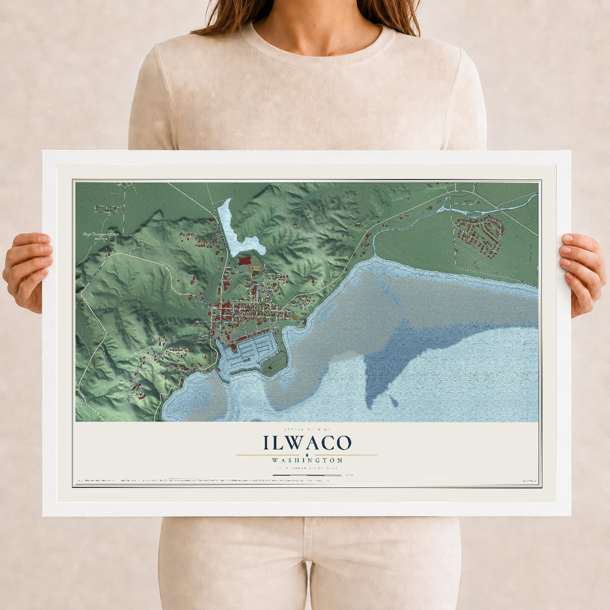 Map of Ilwaco, Washington, 12 x 18 inch print in a white wood frame