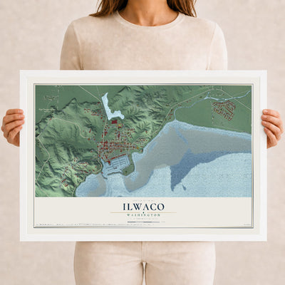 Map of Ilwaco, Washington, 12 x 18 inch print in a white wood frame