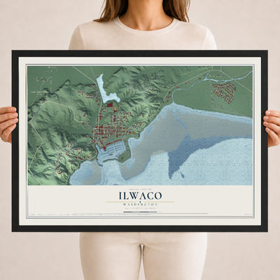Map of Ilwaco, Washington, 18 x 24 inch print in a black wood frame