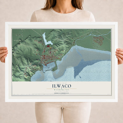 Map of Ilwaco, Washington, 18 x 24 inch print in a white wood frame