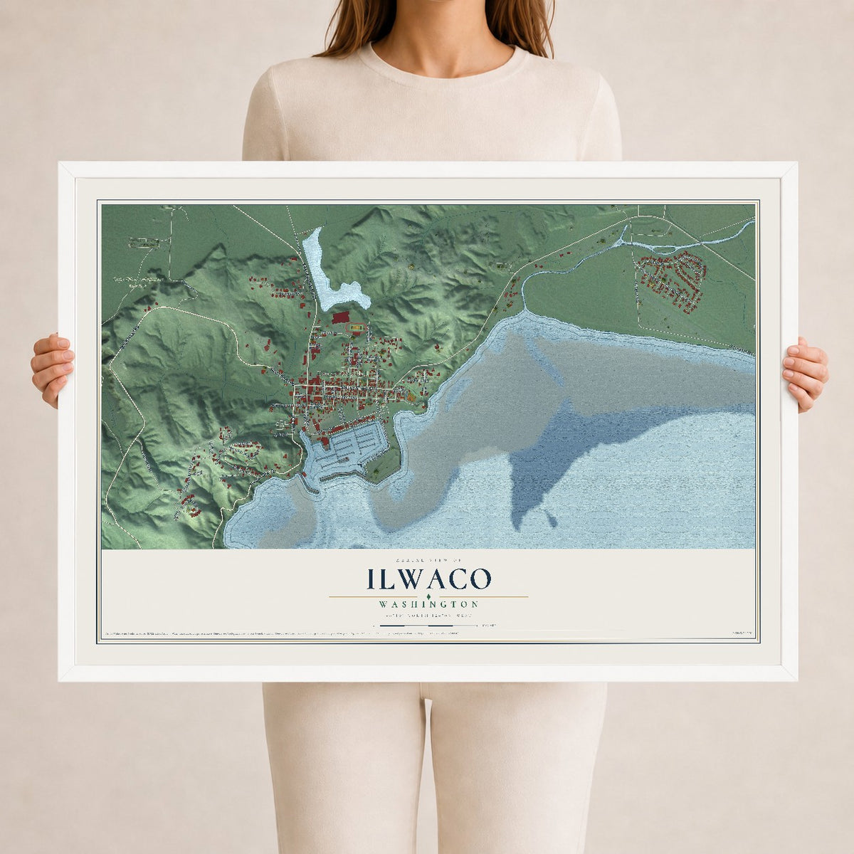 Map of Ilwaco, Washington, 24 x 36 inch print in a white wood frame