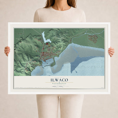 Map of Ilwaco, Washington, 24 x 36 inch print in a white wood frame