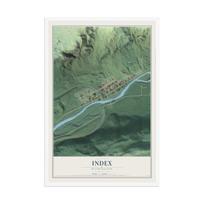 Map of Index, Washington, 12 x 18 inch print in a white wood frame