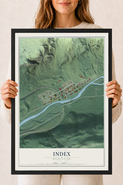 Map of Index, Washington, 18 x 24 inch print in a black wood frame