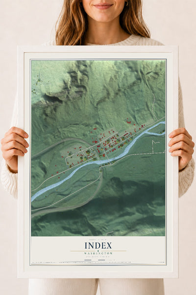 Map of Index, Washington, 18 x 24 inch print in a white wood frame
