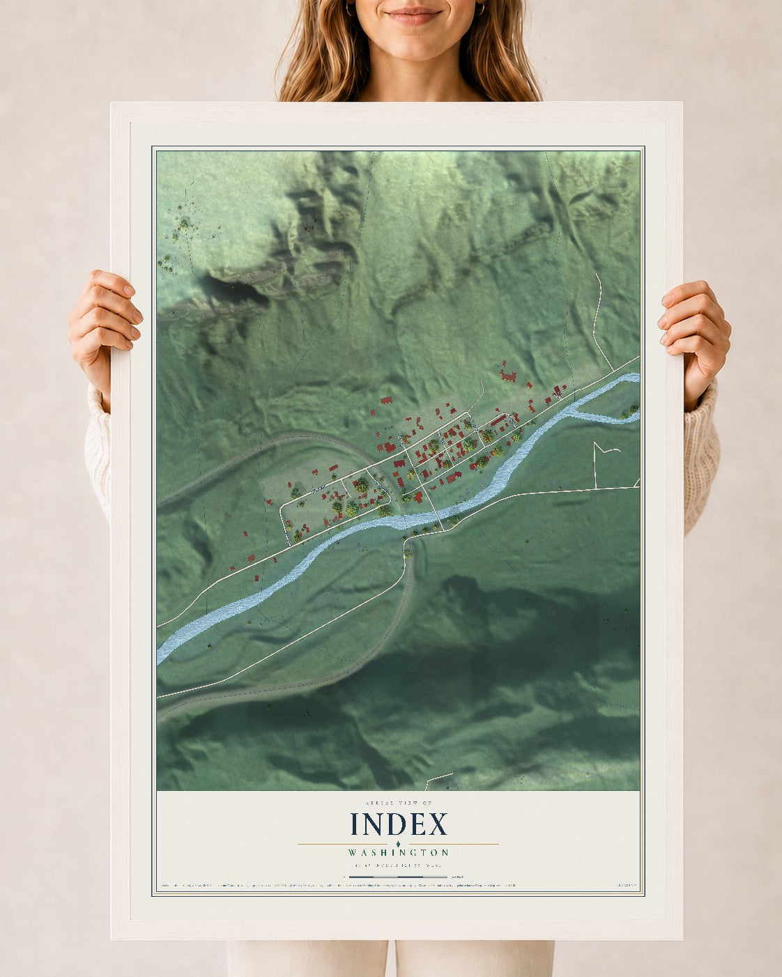 Map of Index, Washington, 24 x 36 inch print in a white wood frame